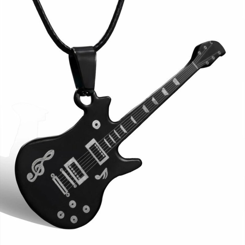 Mens Stainless Steel Black Electric Guitar Necklace Party Gift